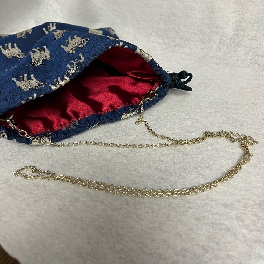 RYTHME KUMIKYOKU Blue Jacquard Drawstring Pouch Bag Pug Dog Puppy Chain Strap - Picture 2 of 12